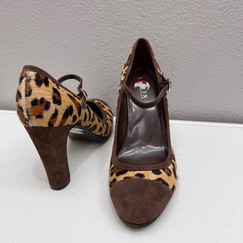 Lauren Ralph Lauren Mary Janes Heels Size 10 Leopard Cow Hide Buckle Shoes